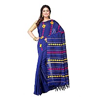 TJ SAREES Womens Handloom Santiniketan Cotton Khesh Applique Design Saree For Women Blue Pack of 1