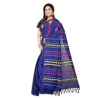 TJ SAREES Womens Handloom Santiniketan Cotton Khesh Applique Design Saree For Women Blue Pack of 1