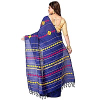 TJ SAREES Womens Handloom Santiniketan Cotton Khesh Applique Design Saree For Women Blue Pack of 1