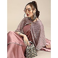 Womanista Womens Satin Saree with Embellished Cape WM1946Pink