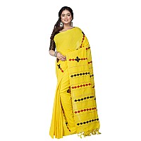 TJ SAREES Womens Handloom Santiniketan Cotton Khesh Applique Design Saree For Women Yellow Pack of 1