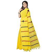 TJ SAREES Womens Handloom Santiniketan Cotton Khesh Applique Design Saree For Women Yellow Pack of 1