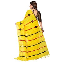 TJ SAREES Womens Handloom Santiniketan Cotton Khesh Applique Design Saree For Women Yellow Pack of 1