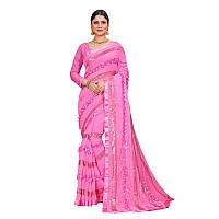 Shasmi Pink Embroidered Embellished Georgette Sari With Blouse Piece Saree For Women Ribbion Sequance Pink