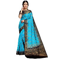 iZibra Women Kanjivaram Soft Cotton Silk Saree Pattu Sarees Banarasi Original Kanchipuram Pure Silk Design with Blouse for Wedding sadi new ladies 2022 (RajniGandha) (Sky Blue Navy Blue)