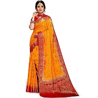 iZibra Women Kanjivaram Soft Cotton Silk Saree Pattu Sarees Banarasi Original Kanchipuram Pure Silk Design with Blouse for Wedding sadi new ladies 2022 (RajniGandha) (Yellow Red)