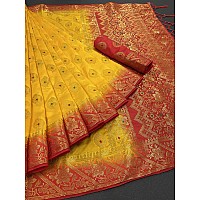 iZibra Women Kanjivaram Soft Cotton Silk Saree Pattu Sarees Banarasi Original Kanchipuram Pure Silk Design with Blouse for Wedding sadi new ladies 2022 (RajniGandha) (Yellow Red)