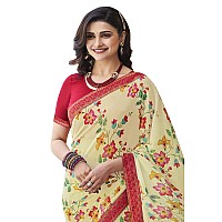 Shruhad Georgette Flower Printed Saree For Women With Lace Border & Blouse Piece (Saree Length 6.3 Mtr) (Beige)