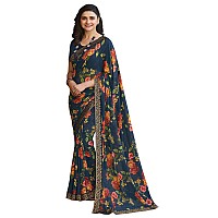 Shruhad Georgette Flower Printed Saree For Women With Lace Border & Blouse Piece (Saree Length 6.3 Mtr) (Blue Orange)