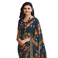 Shruhad Georgette Flower Printed Saree For Women With Lace Border & Blouse Piece (Saree Length 6.3 Mtr) (Blue Orange)