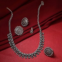 Yellow Chimes Oxidised Necklace Set For Women And Girls German Silver Oxidised Designed Ethnic Jewellery Choker Necklace Set For Women And Girls