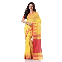 dB DESH BIDESH Women`s Traditional Bengali Handloom Tant Pure Cotton Saree Khadi Temple Par Desigined With Blouse Piece (White Yellow) (Yellow Red)