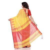 dB DESH BIDESH Women`s Traditional Bengali Handloom Tant Pure Cotton Saree Khadi Temple Par Desigined With Blouse Piece (White Yellow) (Yellow Red)