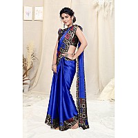 SOURBH Womens Plain Weave Chiffon Border Printed Saree with Blouse Piece (33103-Royal Blue, Beige)