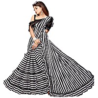 SM TRENDZ Womens Ruffle Bollywood Pure Georgette Saree With Blouse Piece 3Ruffle 883Black And White