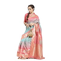 AKHILAM Womens Woven Design Kanjivaram Banarasi Silk Saree With Unstitched Blouse Piece (Blue & Pink)