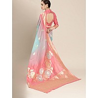 AKHILAM Womens Woven Design Kanjivaram Banarasi Silk Saree With Unstitched Blouse Piece (Blue & Pink)