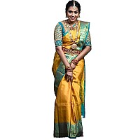 Indian Silk Palace Womens Jacquard Banarasi Cotton Silk Saree With Blouse Piece (ISP-V1-Yellow Rama_Yellow)