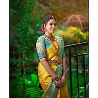 Indian Silk Palace Womens Jacquard Banarasi Cotton Silk Saree With Blouse Piece (ISP-V1-Yellow Rama_Yellow)