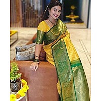 Indian Silk Palace Womens Jacquard Banarasi Cotton Silk Saree With Blouse Piece (ISP-V1-Yellow Green_Yellow)