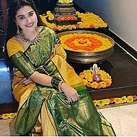 Indian Silk Palace Womens Jacquard Banarasi Cotton Silk Saree With Blouse Piece (ISP-V1-Yellow Green_Yellow)