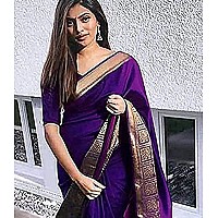 Indian Silk Palace Womens Jacquard Banarasi Cotton Silk Saree With Blouse Piece (ISP-V1-IG Purple Gold_Purple)