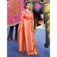 AKHILAM Womens Kanjivaram banarasi silk Woven Design Saree With Unstitched Blouse Piece OrangeKMBH123001