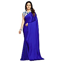 ANANT DESIGNER STUDIO Womens Satin Silk Plain Saree with Designer Blouse Piece Digital Printed Royal Blue