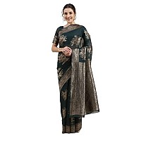 AKHILAM Womens Linen Banarasi Woven Design Saree with Unstitched Blouse Piece (Teal green_LNJCQ09C)