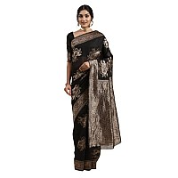 AKHILAM Womens Linen Banarasi Woven Design Saree with Unstitched Blouse Piece (Black_LNJCQ09B)