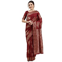 AKHILAM Womens Linen Floral Woven Design Banarasi Saree with Unstitched Blouse Piece (Maroon_LNJCQ09A)