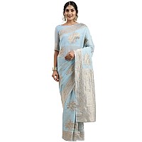 AKHILAM Womens Linen Floral Woven Design Banarasi Saree with Unstitched Blouse Piece (Turquoise_LNJCQ09K)