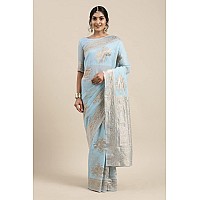 AKHILAM Womens Linen Floral Woven Design Banarasi Saree with Unstitched Blouse Piece (Turquoise_LNJCQ09K)