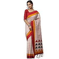 AKHILAM Womens Bhagalpuri Silk Checkered Printed Tant Saree with Unstitched Blouse Piece (Cream_18WOM18901)