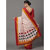 AKHILAM Womens Bhagalpuri Silk Checkered Printed Tant Saree with Unstitched Blouse Piece (Cream_18WOM18901)