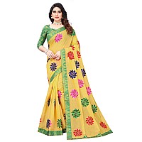 Shreeji Designer Womens Ari Embroidery Work and Chanderi Cotton Saree With Blouse Piece (Yellow-Green)