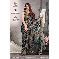 MIRCHI FASHION Womens Plain Weave Chiffon Floral Prints Saree with Blouse Piece (34163-Black, Beige)