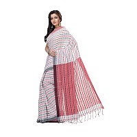 T.J. SAREES Khadi Cotton Fish Motive Sarees for Women Traditional Bengali Sarees for Women Authentic Handloom Sarees for Women, Elegant Indian Wear (White And Red, Pack Of 1)