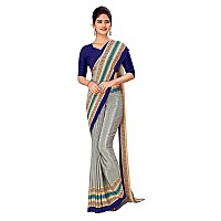 Uniform Sarees Corp Light Ash and Blue Womens Premium Silk Crepe Plain Border Catering Staff (LAS) Uniform Sarees With Blouse Piece