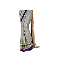 Uniform Sarees Corp Light Ash and Blue Womens Premium Silk Crepe Plain Border Catering Staff (LAS) Uniform Sarees With Blouse Piece