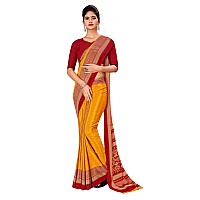 Uniform Sarees Corp Musterd and Red Womens Premium Silk Crepe Plain Border Office Staff (MOR) Uniform Sarees With Blouse Piece