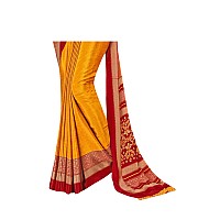 Uniform Sarees Corp Musterd and Red Womens Premium Silk Crepe Plain Border Office Staff (MOR) Uniform Sarees With Blouse Piece