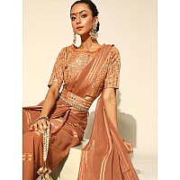 AKHILAM Womens Georgette & Satin Solid Saree With Unstitched Blouse Piece (NudeBeige_2AFREN2005)