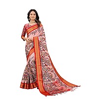 Florely Womens Cotton Silk Jacquard Digital Print Saree With Blouse PieceFree Size Red