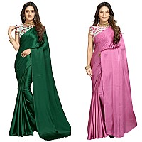 FLORESTA FASHION Combo Of 2 Soft Satin Silk Saree For Women With a Digital Printed Unstieched Blouse Piece(2 Piece Saree & 2 Unstieched Blouse Piece) (HO. GREEN + HO. MAGENTA)