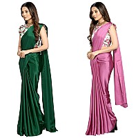 FLORESTA FASHION Combo Of 2 Soft Satin Silk Saree For Women With a Digital Printed Unstieched Blouse Piece(2 Piece Saree & 2 Unstieched Blouse Piece) (HO. GREEN + HO. MAGENTA)