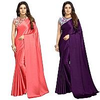 FLORESTA FASHION Combo Of 2 Soft Satin Silk Saree For Women With a Digital Printed Unstieched Blouse Piece(2 Piece Saree & 2 Unstieched Blouse Piece) (H. PEACH + H. PURPLE)