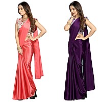 FLORESTA FASHION Combo Of 2 Soft Satin Silk Saree For Women With a Digital Printed Unstieched Blouse Piece(2 Piece Saree & 2 Unstieched Blouse Piece) (H. PEACH + H. PURPLE)