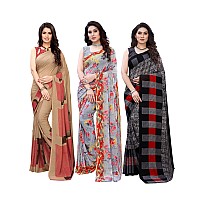 SICHI WomenS Georgette Floral Printed Saree With Blouse Combo Pack Of 3(1182SN117_1926SN306_1989SN385_Beige || Grey & Multi || Grey)