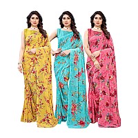 SICHI WomenS Georgette Printed Saree With Blouse Combo Pack Of 3(1850SN173_1850SN176_1850SN178_Yellow || Blue || Pink)